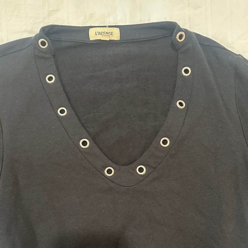 L'AGENCE Black V-Neck Long Sleeve Top with Eyelet Trim